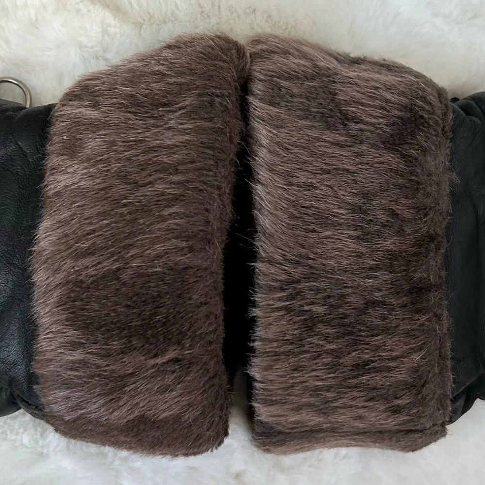 KOMBI Vintage Women’s Leather Mittens Black Faux Fur Cuff Lined S + BONUS Gloves